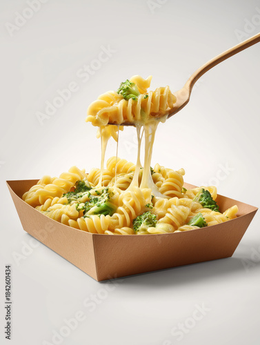 a brown cardboard tray of cheesy fusilli pasta with broccoli. 