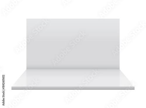 3d stand booth mockup in realistic style. Empty wall room vector illustration on isolated background. Exhibit showroom sign business concept.