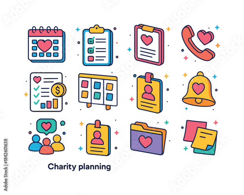 Colorful Charity Planning Icons. charity planning. Colorful isom