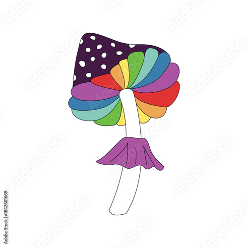 Groovy psychedelic mushroom with rainbow rays pattern on black polka dot cap vector illustration