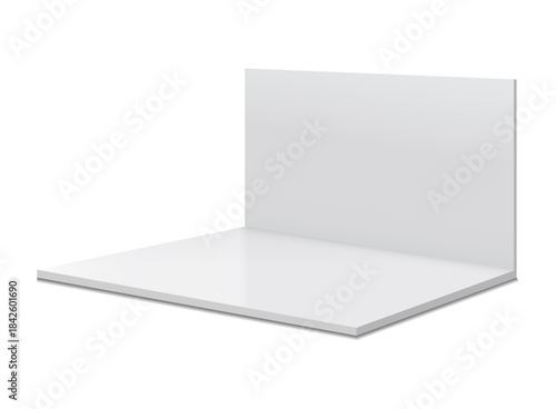 3d stand booth mockup in realistic style. Empty wall room vector illustration on isolated background. Exhibit showroom sign business concept.