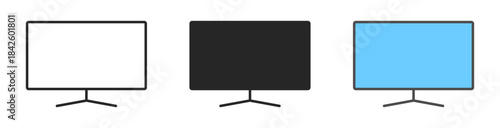 Monitor, tv, wide screen icons in different colors: white, black, and blue, representing various screen styles for screen technology and computing applications