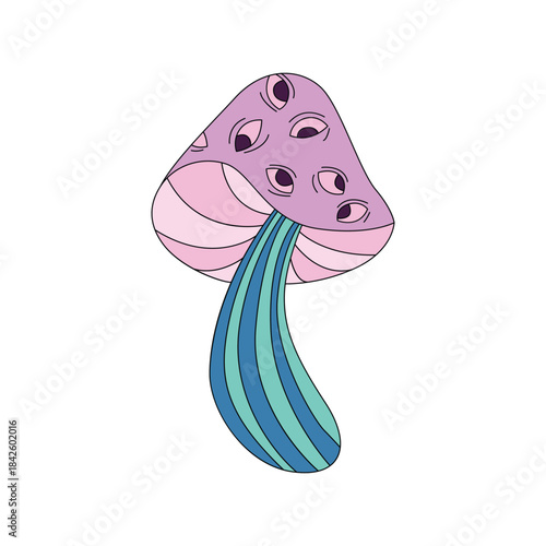 Groovy hippie esoteric mushroom, forest toadstool with psychedelic eyes on cap vector illustration