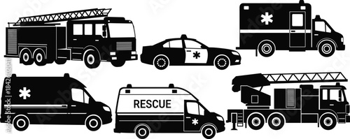 Emergency vehicle illustration, fire truck ladder, ambulance rescue van, police car icon, public safety transport, black silhouette vector graphic