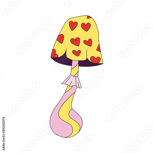 Groovy psychedelic hippie mushroom with red hearts on yellow cap vector illustration