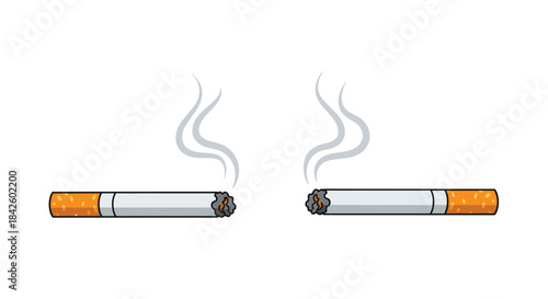 Two lit cigarettes with smoke rising, illustrating the concept of smoking, tobacco addiction, or a no-smoking area.