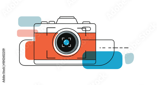 Modern line art illustration of a retro camera with abstract color blocks, representing photography, art, and creative hobbies.