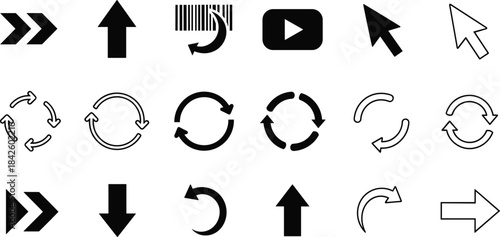 Arrow icons, circular motion symbols, refresh signs, cursor pointers, UI navigation elements, rotation arrows, interface buttons, digital direction indicators, vector set