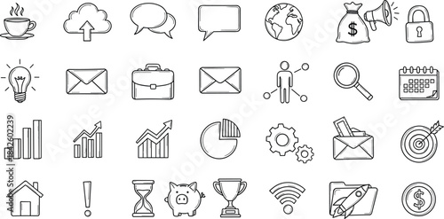 Business icons, productivity symbols, communication elements, finance illustrations, hand-drawn style, sketch icons, data charts, global network, startup visuals