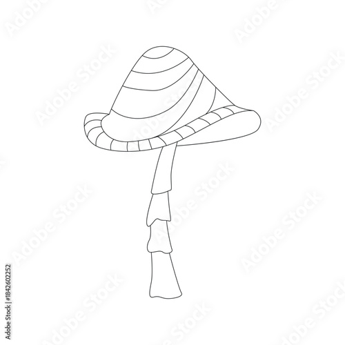 Groovy line psychedelic mushroom with wavy cap, funny toadstool vector illustration