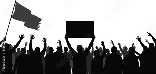 Crowd silhouette, protest scene, raised hands, unity, activism, public demonstration, flag waving, social movement, people gathering, political rally, freedom march
