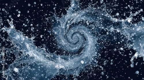 Whirling Spiral of Water Splash in Dynamic Motion Creating Energetic Abstract Fluid Pattern with Floating Droplets Against Dark Background