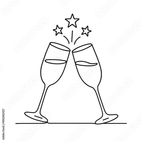 Two champagne glasses clinking with stars in minimalist style for celebration, concept of Christmas  