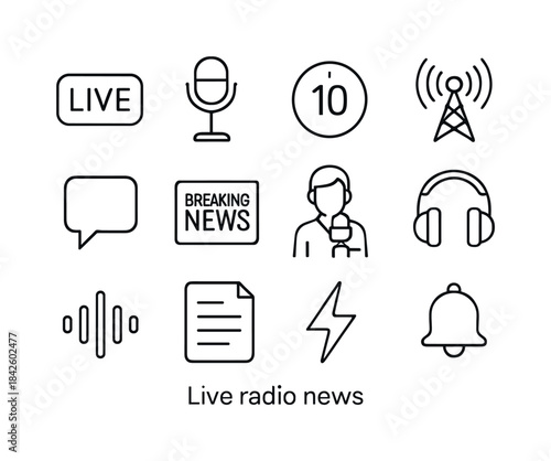 Live Radio Icons. Live Radio News. Line icon set of Live Radio N