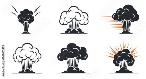 Set of six monochrome explosion and bomb blast icons with mushroom clouds, symbolizing war, destruction, or power.