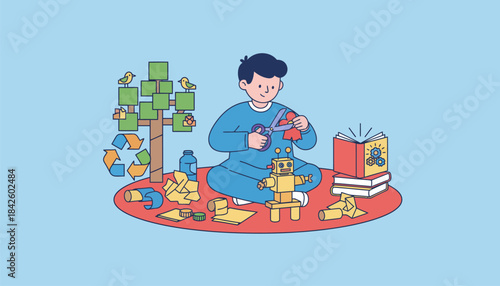 A child learning to create art from scraps and discarded materials promoting the value of reusing and recycling in education.