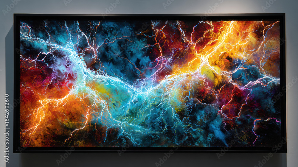Fototapeta premium Widescreen Framed Abstract Blue Orange Energy Clash With Electric Discharges Creating Cosmic Explosion Ice Fire Effect