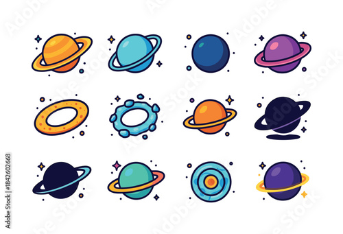 Ringed Worlds Icons. ringed worlds. Colorful isometric vector ic
