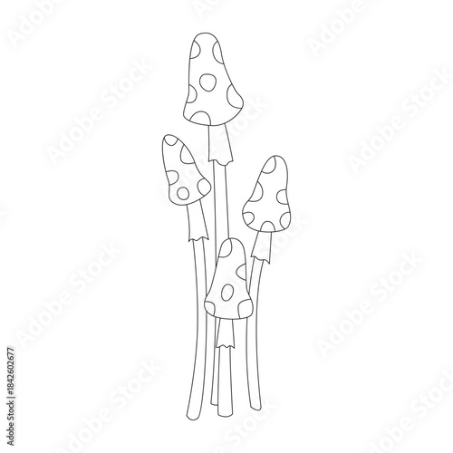 Groovy line psychedelic mushrooms in group, toxic toadstools family vector illustration