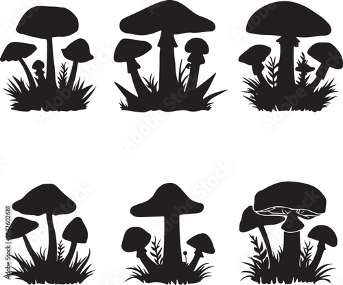 Wild Forest Mushroom Silhouettes Collection
Black Silhouette Mushrooms in Grass Design Set
Nature-Inspired Mushroom Outline Illustrations