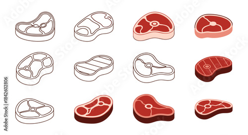 Set of twelve raw and grilled steak icons in various styles, including outline and colored, for butcher shops and restaurants.