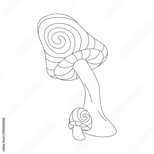 Groovy line psychedelic mushrooms family with spiral magic pattern on caps vector illustration