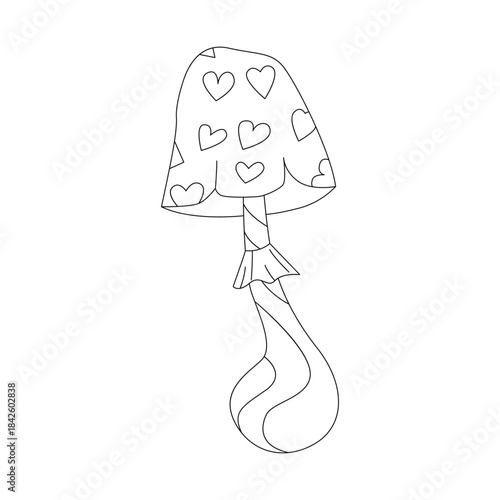 Groovy line psychedelic mushroom of love hallucination, toadstool with hearts vector illustration