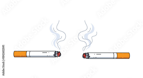 Two lit cigarettes with rising smoke trails, depicted in a clean line art style with color, on a white background.