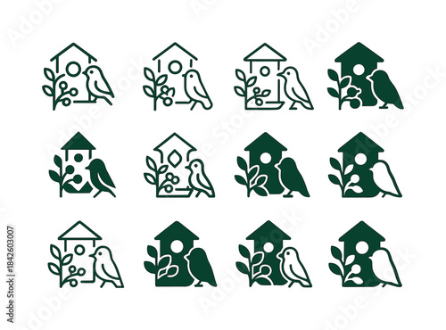 Bird Garden Icon Set. Building a bird-friendly garden with plant