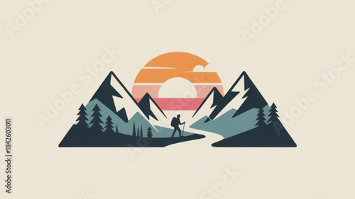 Lone hiker on winding path through majestic mountains at sunset