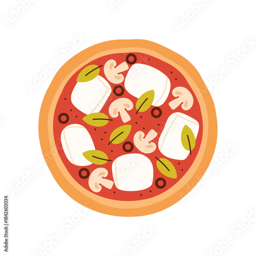 Whole round pizza, top view of traditional Italian pizzeria snack vector illustration