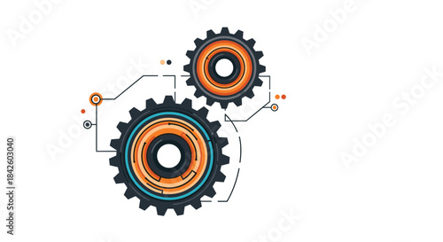 Two interconnected gears with colorful and futuristic circuit elements, symbolizing technology, engineering, teamwork, and processes.