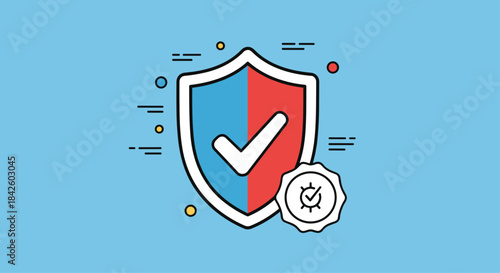 Security shield icon with a check mark and a quality seal, representing protection, safety, and guaranteed system defense.
