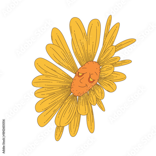 Groovy psychedelic happy flower, yellow daisy with funky smile vector illustration
