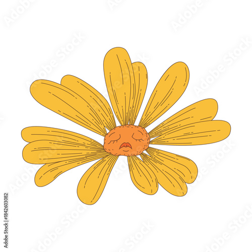 Groovy daisy flower sleeping, sleepy psychedelic character with eyes closed vector illustration