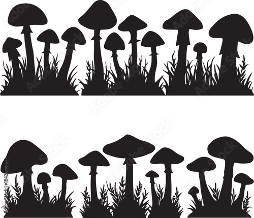 Wild Forest Mushroom Silhouettes Collection
Black Silhouette Mushrooms in Grass Design Set
Nature-Inspired Mushroom Outline Illustrations