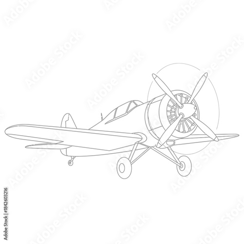 Vintage Propeller Airplane Outline Drawing on White Background.