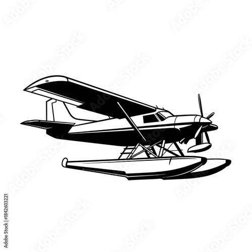 Vintage Seaplane Floatplane Propeller Aircraft Flying Machine Black and White Illustration.