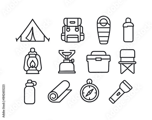 Camping Gear Icons. Camping gear. Line icon set of Camping gear: