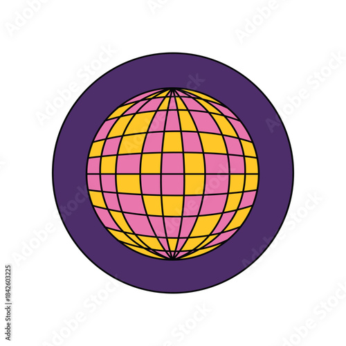 Groovy psychedelic round sticker with mirror ball for retro disco party vector illustration