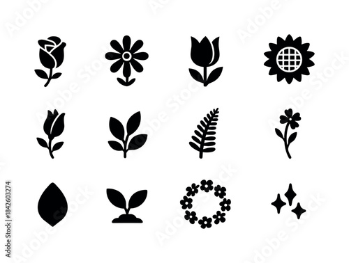 Floral Icon Array. Floral beauty. Solid icon set of Floral beaut