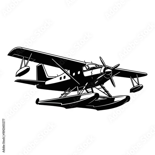 Fotografía Vintage Seaplane Flying Machine Black and White Illustration.