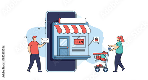 Online shopping concept showing people interacting with a storefront on a giant smartphone, illustrating e-commerce and mobile retail.