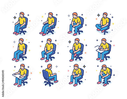 Isometric Sitting Postures. Sitting posture variations. Colorful