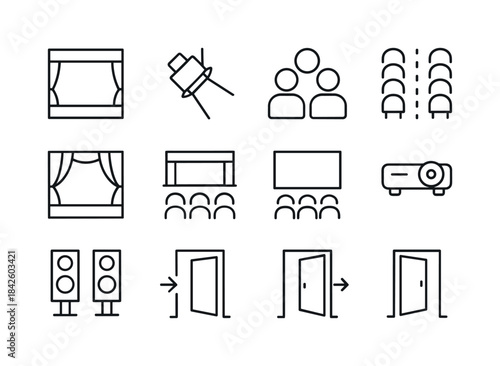 Stage Icon Set. Stage view. Line icon set of Stage view: stage,