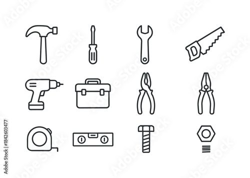 Workshop Tools Icons. Workshop objects. Line icon set of worksho