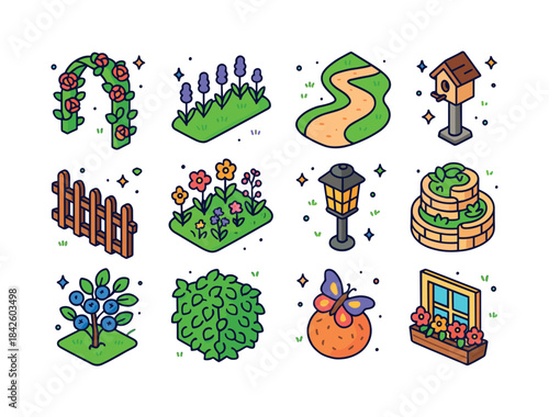 Cottage Garden Icons. Cottage Garden. Colorful isometric vector