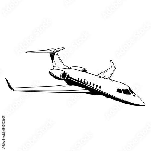 Detailed illustration of a private jet in flight, showcasing its sleek design and powerful engines.
