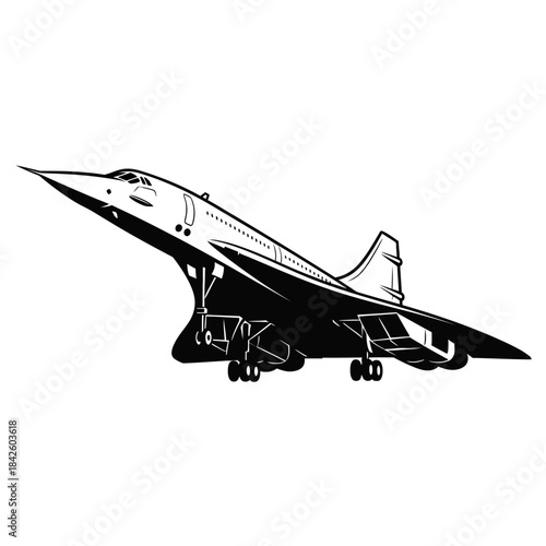 Concorde Supersonic Passenger Jet Taking Off Black and White Illustration.