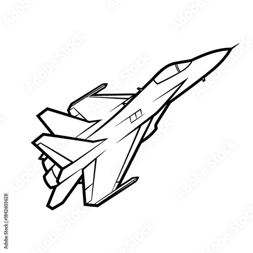 Detailed Line Art Drawing of a Modern Fighter Jet in Flight.